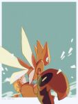  blurry border dated from_below green_background highres mokuzou_(moku_ssbu) no_humans pincers pokemon pokemon_(creature) scizor solo twitter_username white_border 