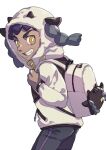  1boy backpack bag black_pants bright_pupils commentary dark-skinned_male dark_skin grin highres hood hood_up hooded_jacket hop_(pokemon) jacket komame_(st_beans) long_sleeves male_focus pants pokemon pokemon_(game) pokemon_swsh protected_link purple_hair short_hair simple_background smile solo symbol-only_commentary teeth white_background white_bag white_pupils yellow_eyes 