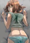  1girl back brown_hair butt_crack check_commentary clutching_blanket commentary_request din_(pixiv25800872) fingernails green_eyes hot messy_hair midriff on_bed original panties parted_lips partial_commentary short_hair short_sleeves signature stained_clothes summer sweat sweaty_clothes turning_head underwear waking_up 