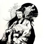  1boy beard black_hair chinese_clothes dragon eastern_dragon facial_hair feather_fan hand_fan highres long_hair long_sleeves looking_afar male_focus monochrome mustache romance_of_the_three_kingdoms simple_background solo teko_kijibato white_background wide_sleeves zhuge_liang 