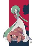  absurdres brown_eyes colored_skin commentary gardevoir green_hair hand_up highres leaning_forward looking_down parasect pillarboxed pokemon pokemon_(creature) red_background signature symbol-only_commentary toukashi_(2tou9) white_skin 