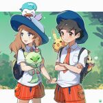  1boy 1girl :d ash_ketchum backpack bag bangs blue_headwear bracelet braid brown_eyes brown_hair closed_mouth collared_shirt commentary_request crossed_arms fuecoco grey_eyes hat highres holding holding_pokemon jewelry long_hair necktie open_mouth orange_necktie orange_shorts pikachu podayo_po pokemon pokemon_(anime) pokemon_(creature) pokemon_(game) pokemon_sv pokemon_xy_(anime) quaxly serena_(pokemon) shirt shirt_tug short_hair short_sleeves shorts smile sprigatito teeth tongue upper_teeth white_shirt 