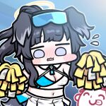  1boy 1girl animal_ears bangs bare_shoulders black_hair blue_archive blue_background blunt_bangs blush breasts cheerleader chibi cleavage crop_top dog_ears dog_girl dog_tail eyewear_on_head flying_sweatdrops goggles goggles_on_head halo hibiki_(blue_archive) hibiki_(cheerleader)_(blue_archive) jazz_jack long_hair looking_at_viewer lowres midriff navel nose_blush open_mouth pleated_skirt pom_pom_(cheerleading) sensei_(blue_archive) skirt solo sunglasses tail twintails wavy_mouth 