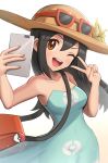  1girl ;d bag bare_shoulders black_hair blue_dress brown_eyes brown_headwear cellphone collarbone commentary_request dress fingernails flower_hat gonzarez gradient gradient_background hair_between_eyes hat highres holding holding_phone long_hair looking_at_viewer one_eye_closed phone pokemon pokemon_(game) pokemon_sm red_bag sightseer_(pokemon) smile solo v white_background yellow_background 