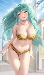  1girl :d absurdres animal_print bikini blush breasts commentary_request fangs green_hair highres horns long_hair looking_at_viewer lum medium_breasts navel oni oni_horns open_mouth outdoors pointy_ears s_aboten sabotensuteeki smile solo standing strapless swimsuit tiger_print urusei_yatsura yellow_eyes 