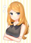  1girl :t bangs banned_artist bare_arms blonde_hair blush breasts closed_mouth collared_shirt commentary_request crossed_arms grey_eyes long_hair looking_at_viewer pokemon pokemon_(game) pokemon_xy pout serena_(pokemon) shirt sleeveless sleeveless_shirt solo takahara upper_body 