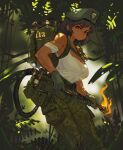 1girl absurdres arm_strap bangs beret black_hair breast_strap breasts camouflage camouflage_pants cleavage commission explosive fern flamethrower forest green_headwear grenade hair_behind_ear hat highres holding large_breasts nature original pants polilla red_eyes see-through see-through_shirt short_hair solo sweat v-shaped_eyebrows weapon 