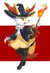  :d absurdres animal_ear_fluff black_capelet black_headwear braixen capelet commentary fire full_body happy hat highres holding holding_stick horezai looking_to_the_side open_mouth pokemon pokemon_(creature) red_eyes smile solo stick tongue witch_hat 