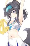  1girl animal_ears arm_up armpits bangs bare_shoulders black_hair blue_archive blush breasts cheerleader cowboy_shot crop_top dog_ears dog_girl dog_tail goggles goggles_on_head grey_eyes halo hibiki_(blue_archive) hibiki_(cheerleader)_(blue_archive) highres kyuukon_(qkonsan) long_hair looking_at_viewer midriff navel parted_lips pom_pom_(cheerleading) ponytail simple_background skirt small_breasts solo sweat tail twintails white_background white_skirt 