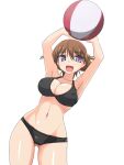  1girl alternate_costume arms_up ass_visible_through_thighs ball beachball bikini black_bikini breasts brown_hair commentary_request covered_nipples cowboy_shot flipped_hair hiei_(kancolle) highres kantai_collection large_breasts looking_at_viewer purple_eyes short_hair solo swimsuit tokihama_jirou 
