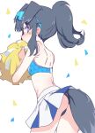  1girl animal_ears ass black_hair black_panties blue_archive blush cowboy_shot crop_top dog_ears dog_girl dog_tail goggles goggles_on_head hibiki_(blue_archive) hibiki_(cheerleader)_(blue_archive) itamochi looking_at_viewer nose_blush panties pom_pom_(cheerleading) ponytail purple_eyes simple_background skirt solo tail underwear white_background white_skirt 