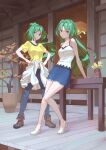  2girls blue_skirt camisole clothes_around_waist denim green_eyes green_hair highres higurashi_no_naku_koro_ni jeans long_hair multiple_girls pants plant ponytail potted_plant shirt siblings skirt sonozaki_mion sonozaki_shion timbougami twins white_camisole yellow_shirt 