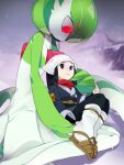  1n7mm 3:4 akari_(pokemon) alpha_pok&eacute;mon ambiguous_gender bent_legs chest_spike clothing dress duo female gardevoir generation_3_pokemon gentle_giant green_body green_hair hair hair_over_eye holding_partner human humanoid looking_down mammal mouth_closed nervous_smile nintendo on_lap on_model one_eye_obstructed outside pokemon pokemon_(species) pseudo_clothing red_eyes red_scarf scarf sitting sitting_on_lap snow snowing spikes spikes_(anatomy) teeth_visible video_games white_body white_clothing white_dress 