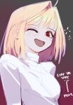  1girl :d absurdres ahoge arcueid_brunestud blonde_hair hair_intakes highres looking_at_viewer medium_hair one_eye_closed open_mouth polilla red_background shirt smile solo tsukihime upper_body white_shirt 