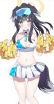  1girl animal_ears bangs bare_shoulders black_hair blue_archive blue_eyes blush breasts cheerleader cleavage collarbone crop_top dog_ears dog_girl dog_tail goggles goggles_on_head halo hibiki_(blue_archive) hibiki_(cheerleader)_(blue_archive) highres holding holding_pom_poms long_hair looking_at_viewer medium_breasts midriff miniskirt murase48 navel open_mouth pleated_skirt pom_pom_(cheerleading) ponytail shirt sidelocks simple_background skirt sleeveless sleeveless_shirt small_breasts solo standing tail thighhighs white_skirt 