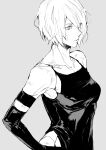  1girl absurdres bare_shoulders black_dress black_gloves breasts closed_mouth collarbone dirty dirty_face dress elbow_gloves gloves grey_background greyscale hair_over_one_eye hand_on_hip highres looking_to_the_side medium_breasts messy_hair monochrome nier_(series) nier_automata nishiii26miii short_hair solo spaghetti_strap upper_body white_hair yorha_type_a_no._2 