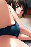  1girl absurdres bangs blue_one-piece_swimsuit blush brown_eyes brown_hair highres looking_at_viewer matsunaga_kouyou one-piece_swimsuit original short_hair solo swimsuit thighs 