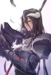  1girl albedo_(overlord) armor black_feathers black_hair blood blood_on_face blood_splatter breastplate demon_girl feathers hair_between_eyes helmet highres holding holding_helmet horns ito_t20a long_hair open_mouth overlord_(maruyama) shiny shiny_hair shoulder_armor slit_pupils solo sweatdrop upper_body very_long_hair white_background yellow_eyes 
