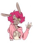  anthro breasts cleavage_cutout clothed clothing dyed-hair female fur gesture green_eyes hi_res hoodie lagomorph leporid looking_at_viewer mammal meme meme_clothing multicolored_body multicolored_fur one_eye_closed pose rabbit simple_background skimpy small_breasts smile smirk solo topwear trgreta twitter_hoodie two_tone_body two_tone_fur waving wink 
