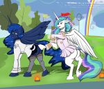  blue_body blue_fur blue_hair butt clothed clothed_feral clothing cutie_mark dress duo equid equine ethereal_hair female female/female feral friendship_is_magic fur hair hi_res hooves horn looking_back mammal multicolored_hair my_little_pony open_mouth outside plant princess_celestia_(mlp) princess_luna_(mlp) rainbow rainbow_hair sailoranna tree unicorn_horn white_body white_fur winged_unicorn wings 
