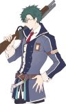  1boy achan_(blue_semi) eiyuu_densetsu glasses green_eyes green_hair gun hand_on_hip highres holding holding_gun holding_weapon machias_regnitz male_focus necktie red_necktie sen_no_kiseki sen_no_kiseki_iii sen_no_kiseki_iv short_hair shotgun simple_background solo weapon white_background 