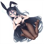  1girl absurdly_long_hair animal_ears arisu_(blue_archive) bangs bare_shoulders black_bow black_bowtie black_hair black_hairband black_leotard blank_censor blue_archive blue_eyes blush bow bowtie breasts brown_pantyhose censored detached_collar dutch_angle fake_animal_ears full_body groin hair_between_eyes hairband halo highleg highleg_leotard leotard leotard_pull long_hair looking_at_viewer no_bra one_side_up pantyhose parted_lips playboy_bunny pulled_by_self rabbit_ears simple_background small_breasts smile soles solo strapless strapless_leotard toes very_long_hair wakuta_chisaki white_background wrist_cuffs 