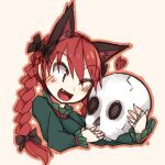  1girl ;d animal_ears bow braid cat_ears cropped_torso dress fang green_dress hair_bow heart kaenbyou_rin kaginoni one_eye_closed open_mouth red_eyes red_hair simple_background skull smile touhou twin_braids upper_body white_background 