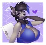  &lt;3 &ndash; big_breasts black_hair black_lips blue_hair breasts canid canine canis cleavage clothed clothing coyote fox hair handbag hi_res holivi hybrid lips looking_at_viewer mammal multicolored_hair pigtails purple_eyes two_tone_hair zenocoyote_(oc) 
