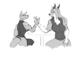  4_fingers anthro big_butt big_tail butt chest_tuft clothed clothing female female/female fingers flexing_bicep furniture gloves_(marking) greyscale hair hi_res hole_in_ear horn hybrid kangaroo long_hair macropod mammal markings marsupial mike_griffon monochrome muscular muscular_anthro muscular_female scar table tuft 