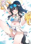  1girl absurdres animal_ears arm_up armpits bare_arms bare_shoulders black_hair blue_archive blue_eyes breasts cameltoe cheerleader cleavage collared_shirt crop_top dog_ears dog_girl dog_tail goggles goggles_on_head halo halterneck hand_up hibiki_(blue_archive) hibiki_(cheerleader)_(blue_archive) highres holding leg_up long_hair looking_at_viewer medium_breasts midriff miniskirt navel panties picter pleated_skirt pom_pom_(cheerleading) ponytail shirt skirt sleeveless sleeveless_shirt solo spaghetti_strap stomach string_panties sweatdrop tail thighs underwear white_panties white_shirt white_skirt wing_collar 