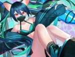  1girl animal_ear_fluff animal_ears bare_legs bare_shoulders black_socks blue_footwear blue_hair blue_jacket blush breasts cleavage collarbone dolce_(dolsuke) green_hair hair_between_eyes highres jacket long_hair long_sleeves looking_at_viewer mask mouth_mask multicolored_hair off_shoulder open_clothes open_jacket original puffy_long_sleeves puffy_sleeves red_eyes shoes small_breasts sneakers socks solo sports_bra twintails two-tone_hair very_long_hair 