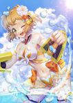  1girl ;d bikini blonde_hair blue_sky bow breasts cleavage cloud day floating_hair flower hair_flower hair_ornament hairband hibiscus highres juan_0121 looking_at_viewer medium_breasts navel one_eye_closed open_mouth orange_bow orange_flower outdoors senki_zesshou_symphogear shiny shiny_hair short_hair signature sky smile solo sparkle summer sun swimsuit tachibana_hibiki_(symphogear) thigh_strap wading white_flower white_hairband yellow_bikini yellow_eyes 