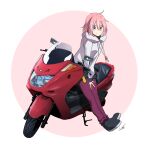  1girl absurdres ahoge bangs black_footwear black_gloves black_hoodie blue_eyes boots drawstring fingerless_gloves gloves ground_vehicle hair_between_eyes highres hood hoodie kagamihara_nadeshiko leaning_against_motorcycle long_sleeves looking_at_viewer motor_vehicle motorcycle pants pink_background pink_hair purple_pants scooter short_hair signature smile solo two-tone_background two-tone_hoodie white_background white_hood white_hoodie yamaha yamaha_majesty yasu_(pixiv) yurucamp 