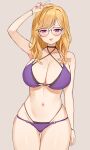  1girl absurdres arm_up bikini black-framed_eyewear blonde_hair bracelet breasts cleavage closed_mouth collarbone glasses highres jewelry large_breasts long_hair looking_at_viewer navel nijisanji purple_bikini purple_nails smile solo swimsuit takamiya_rion tongue tongue_out tyoko_tanuki16 v virtual_youtuber 