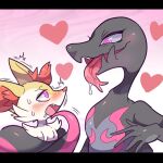  &lt;3 ambiguous_gender anthro blush bodily_fluids braixen canid canine coiling duo female forked_tongue fox generation_6_pokemon generation_7_pokemon hypnosis ima_att mammal mind_control nintendo pink_eyes pokemon pokemon_(species) salazzle saliva scalie simple_background spiral_eyes sweat tongue video_games 