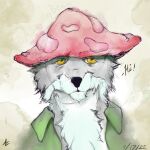  anthro asquishybean canid canine canis chilling clothing digital_media_(artwork) digital_watercolor fluffy fungus hat headgear headwear male mammal mushroom mushroom_hat painting_(artwork) portrait relaxing solo traditional_media_(artwork) watercolor_(artwork) wolf 