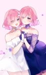  2girls bare_shoulders blush closed_mouth collarbone commentary_request detached_collar dress dual_persona eyes_visible_through_hair fate/grand_order fate_(series) flower formal gloves hair_flower hair_ornament holding_hands looking_at_viewer mash_kyrielight mash_kyrielight_(chaldea_dinnertime) mash_kyrielight_(formal_dress) misaki346 multiple_girls off-shoulder_dress off_shoulder official_alternate_costume open_mouth pink_hair purple_dress purple_eyes purple_gloves see-through see-through_sleeves short_hair sleeveless sleeveless_dress smile white_dress white_flower white_gloves 