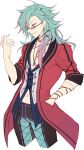  1boy achan_(blue_semi) blue_hair eiyuu_densetsu hand_in_pocket highres jacket jewelry long_hair mcburn multicolored_hair navel necklace pink_eyes pink_hair sen_no_kiseki sen_no_kiseki_ii sen_no_kiseki_iii sen_no_kiseki_iv simple_background smirk sunglasses white_background 