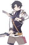  achan_(blue_semi) belt black_hair eiyuu_densetsu highres holding holding_sword holding_weapon jacket joshua_bright short_hair simple_background solo sora_no_kiseki sword weapon white_background yellow_eyes 