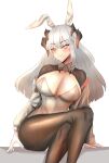  1girl abineko absurdres adapted_costume animal_ears arknights black_pantyhose breasts bright_pupils cleavage closed_mouth crossed_legs dragon_horns fake_animal_ears feet_out_of_frame grey_hair grey_leotard highres horns large_breasts leotard long_hair long_sleeves looking_at_viewer pantyhose playboy_bunny rabbit_ears saria_(arknights) shrug_(clothing) simple_background solo strapless strapless_leotard thighband_pantyhose white_background yellow_eyes 