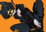  1girl :3 absurdres animal_ears black_hair bodysuit closed_mouth flippers goggles gun highres imi_uzi looking_at_viewer orange_background original polilla short_hair simple_background smile solo spread_legs submachine_gun suppressor thigh_strap tinted_eyewear weapon wetsuit yellow-tinted_eyewear 