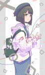  1girl abstract_background absurdres backpack bag beret black_hair bob_cut dress floral_print green_eyes hair_ornament hairclip hand_up hat highres hood hood_down hooded_jacket jacket norikoi original short_hair solo white_jacket 