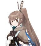  1girl ahoge bag bangs brown_capelet brown_cloak brown_corset brown_eyes brown_hair capelet cleavage_cutout cloak clothing_cutout corset feather_hair_ornament feathers gloves hair_ornament hairclip handbag hieroglyphics hololive hololive_english long_hair looking_at_viewer mildtaste multicolored_hair nanashi_mumei objectification ouro_kronii partially_fingerless_gloves ponytail ribbon shirt shoulder_strap smile streaked_hair very_long_hair virtual_youtuber white_shirt yukkronii_(ouro_kronii) yukkuri_shiteitte_ne 