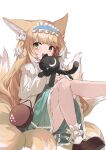  1girl absurdres animal animal_ears arknights ayaha_4780828 black_cat blue_dress blue_hairband brown_bag brown_hair cardigan cat coat dress fox_ears fox_girl fox_tail frilled_hairband frills green_eyes hair_down hairband highres holding holding_animal holding_cat kitsune leg_up long_hair looking_at_viewer luoxiaohei multicolored_hair multiple_tails official_alternate_costume open_cardigan open_clothes open_coat shoes simple_background sitting socks solo streaked_hair suzuran_(arknights) suzuran_(spring_praise)_(arknights) tail the_legend_of_luo_xiaohei white_background white_cardigan white_hair white_socks 