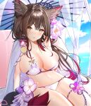  1girl animal_ears bare_arms bare_shoulders bikini blue_archive bow breasts brown_hair chisel cleavage cloud commentary_request dot_nose eyeshadow flower forehead fox_ears hair_bow hair_flower hair_ornament hand_up hibiscus highres huge_breasts large_breasts long_hair looking_at_viewer makeup multicolored_hair navel on_shoulder outdoors parted_lips pink_bikini red_eyeshadow red_hair sky streaked_hair swimsuit thighs wakamo_(blue_archive) white_bikini yellow_eyes zzinbbang 