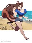  animal_humanoid beach big_breasts bottomwear bouncing_breasts breasts brown_eyes brown_hair buckteeth cleavage clothed clothing crop_top female footwear hair hi_res humanoid kojiro-brushard long_hair malkai_(malkaiwot) mammal mammal_humanoid rodent rodent_humanoid running sandals sciurid sciurid_humanoid seaside shirt shorts solo squirrel_humanoid squirrel_tail teeth topwear 