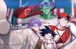  4boys baseball_cap black_hair closed_mouth colored_skin day dragon_ball dragon_ball_z eyewear_on_head green_skin hat headband highres lifeguard male_focus multiple_boys namekian one_eye_closed outdoors p_m_ame piccolo pointy_ears purple_hair red_headband shirt short_hair smile son_gohan son_goten spiked_hair sunglasses trunks_(dragon_ball) white_shirt wristband 