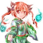  1girl animal_ears bow braid breasts cat_ears dress fire highres hitodama ikazuchi_akira kaenbyou_rin looking_at_viewer medium_breasts no_tail red_eyes red_hair simple_background skull smile solo touhou twin_braids white_background 