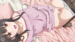  1girl bangs bare_shoulders bed black_hair black_pantyhose breasts brown_eyes clothes_pull collarbone covering covering_crotch dutch_angle female_masturbation from_above irido_yume keihh large_breasts long_hair looking_at_viewer mamahaha_no_tsurego_ga_moto_kano_datta masturbation off-shoulder_sweater off_shoulder on_bed open_mouth panties panty_pull pantyhose pantyhose_pull pillow pink_sweater solo sweater underwear white_panties 