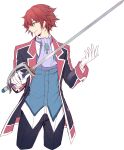  1boy achan_(blue_semi) eiyuu_densetsu gloves green_eyes highres holding holding_sword holding_weapon lechter_arundel rapier red_hair sen_no_kiseki short_hair simple_background smirk solo sword weapon white_background white_gloves 